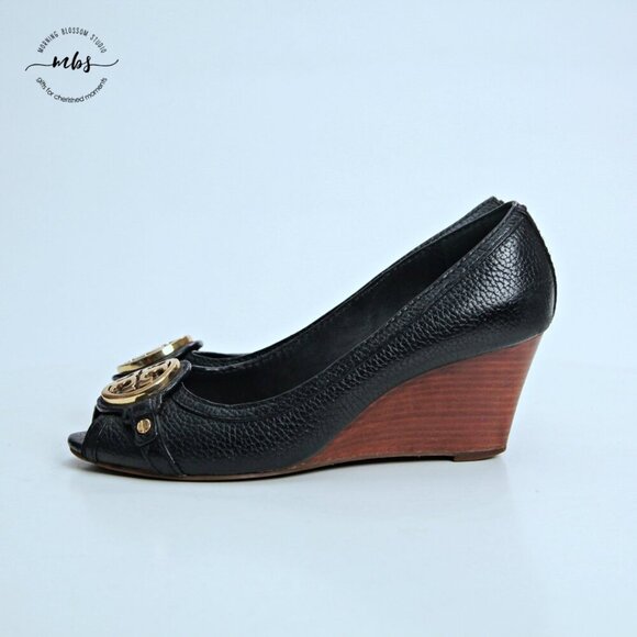 Tory Burch Letitia Leather Peep Toe Wedge Black Gold Women 6.5 - Picture 4 of 13